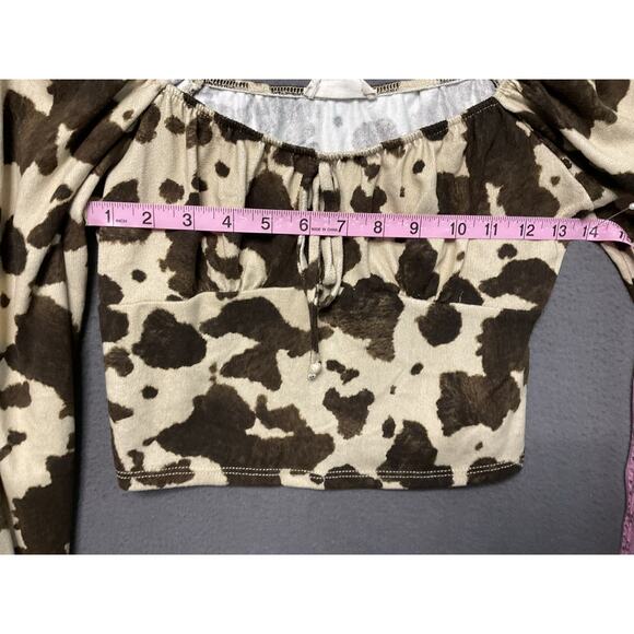 Altar’d States Crop Top Womens Small Brown Ivory Cow Print Long Sleeve Boho Y2K - Picture 4 of 8